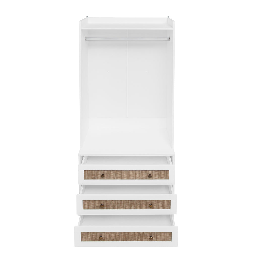 White lacquer wardrobe armoire with three drawers from Anthony & Home's Elite Collection, featuring a refined silhouette and sleek design.