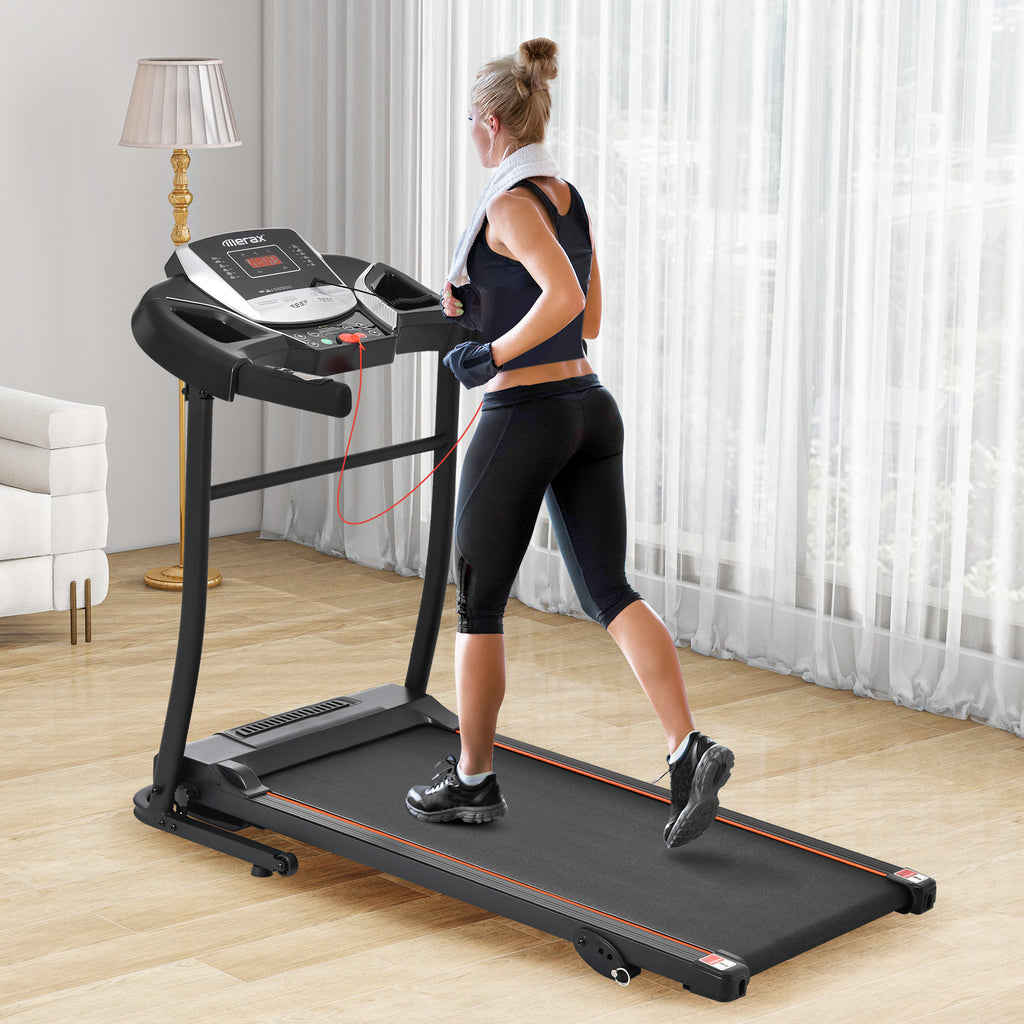 Anthony & Home Elite folding treadmill with incline, 2.5 HP brushless motor, heart rate sensor, brushed aluminum frame.