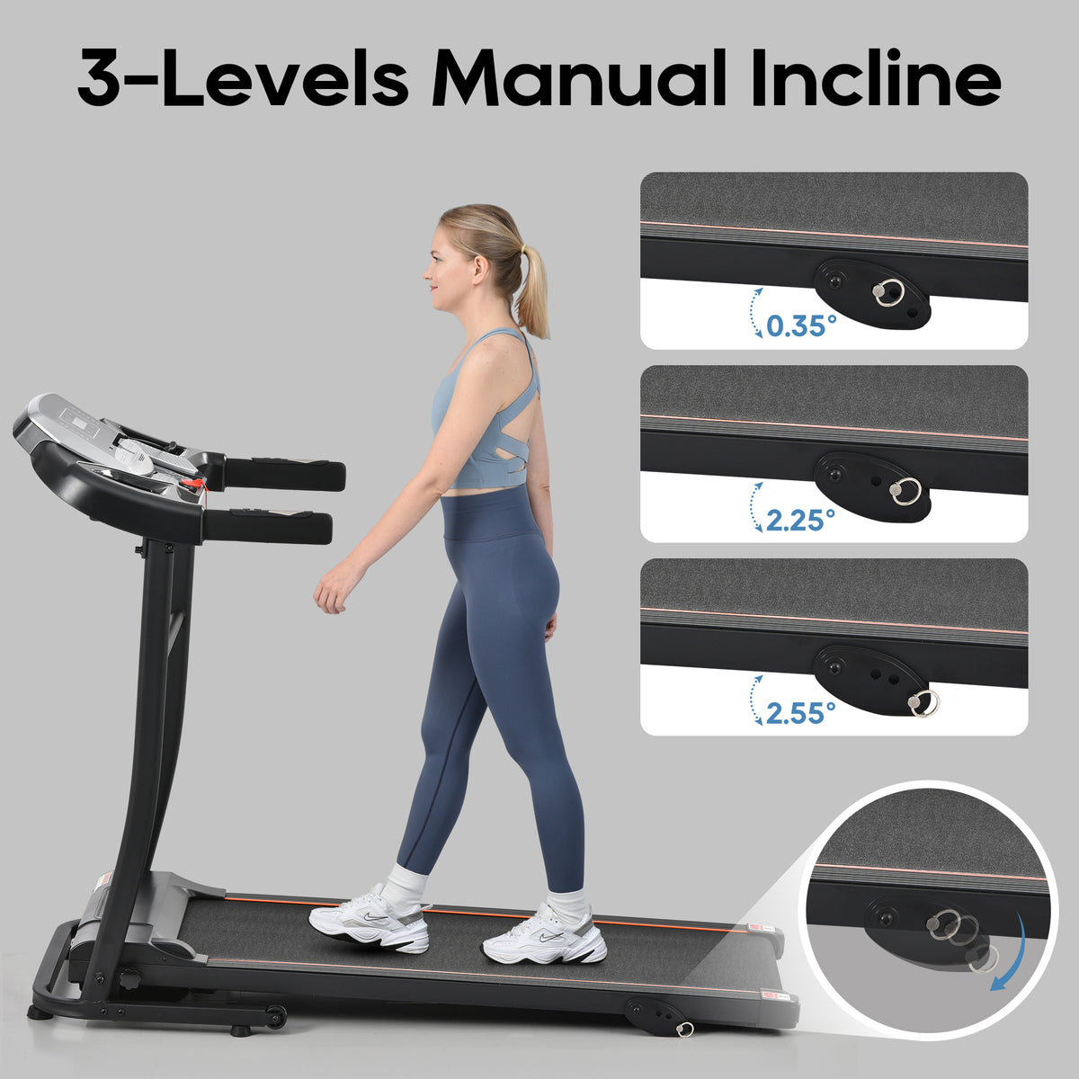 Anthony & Home Elite folding treadmill with incline, 2.5 HP brushless motor, heart rate sensor, brushed aluminum frame, in use.