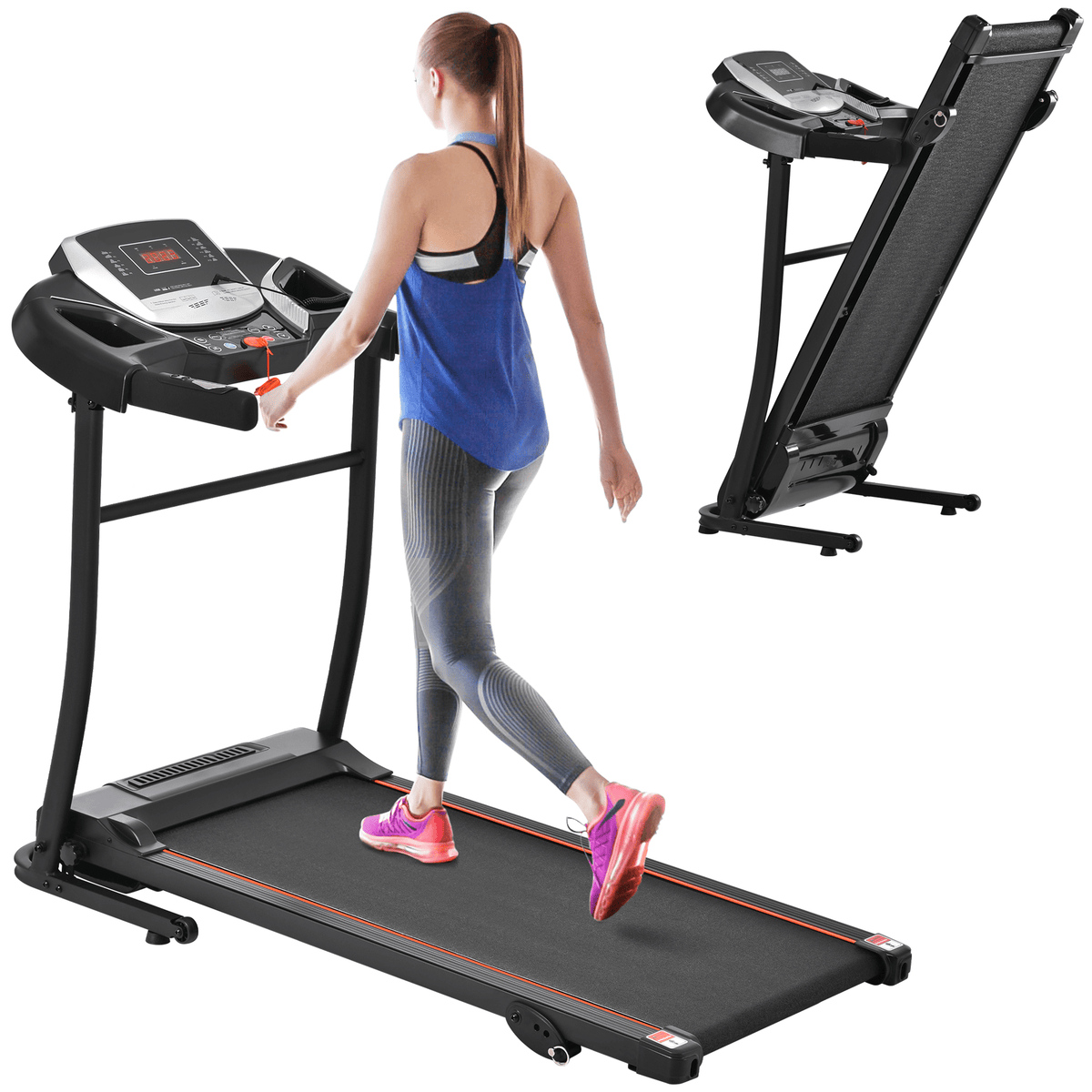 Anthony & Home Elite folding treadmill with incline, 2.5 HP brushless motor, heart rate sensor, brushed aluminum frame.