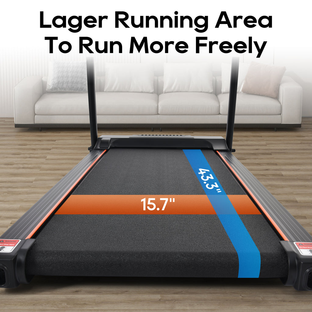 Anthony & Home Elite Folding Treadmill with incline, 2.5 HP brushless motor, heart rate sensor, brushed aluminum frame, in action.