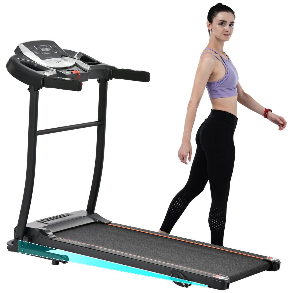 Anthony & Home Elite folding treadmill with incline, 2.5 HP brushless motor, heart rate sensor, brushed aluminum frame visible.