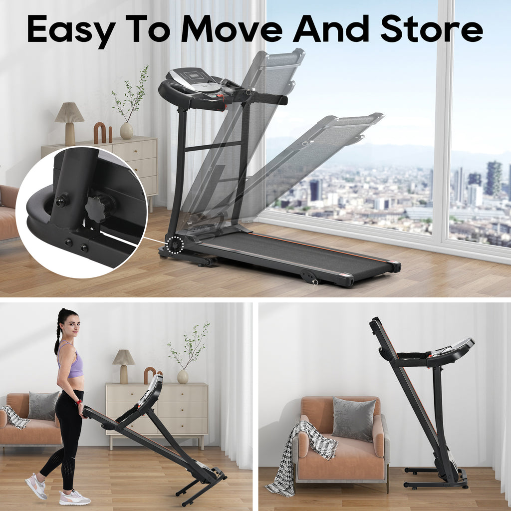 Anthony & Home Elite folding treadmill with incline, 2.5 HP brushless motor, heart rate sensor, brushed aluminum frame.