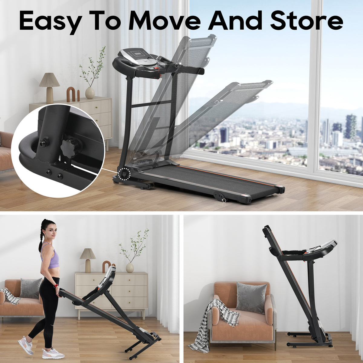 Anthony & Home Elite folding treadmill with incline, 2.5 HP brushless motor, heart rate sensor, brushed aluminum frame.