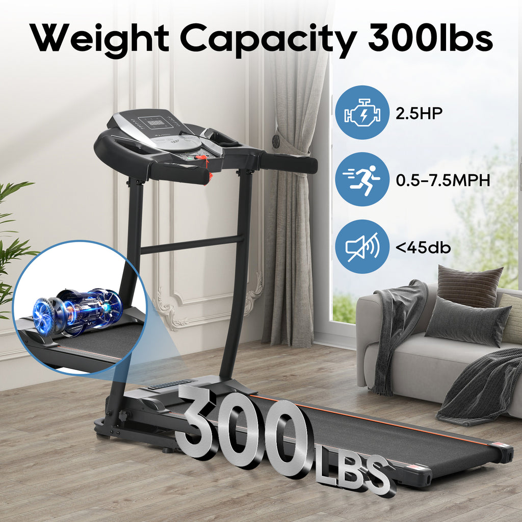 Anthony & Home Elite Folding Treadmill with incline, 2.5 HP brushless motor, heart rate sensor, brushed aluminum frame.