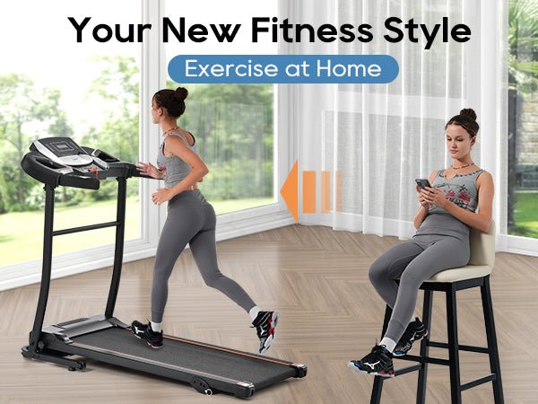 Anthony & Home Elite folding treadmill with incline, 2.5 HP brushless motor, heart rate sensor, brushed aluminum frame.