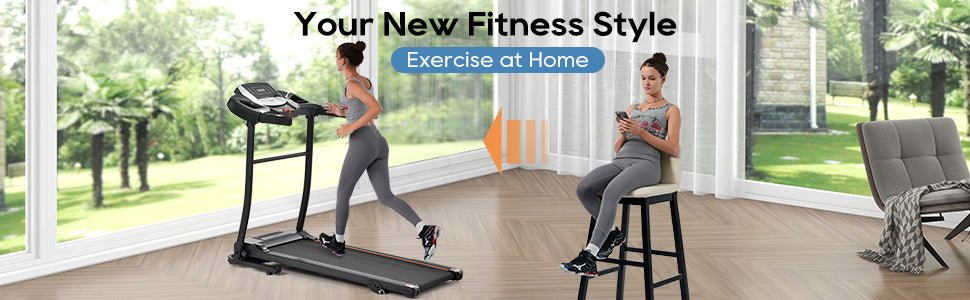 Anthony & Home Elite folding treadmill with incline, 2.5 HP brushless motor, heart rate sensor, brushed aluminum frame.