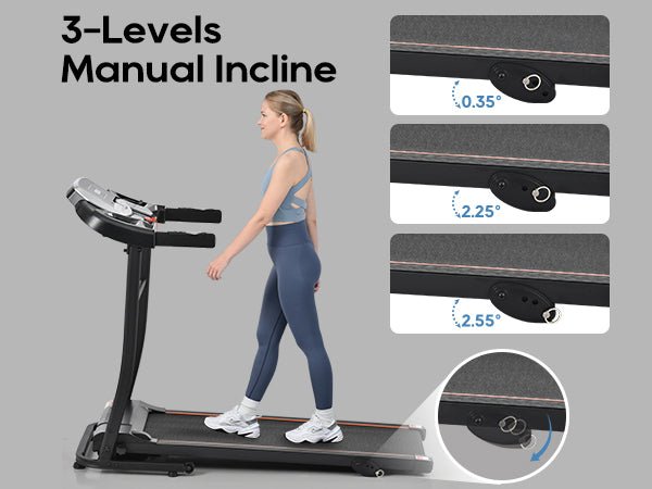 Anthony & Home Elite folding treadmill with incline, 2.5 HP brushless motor, heart rate sensor, brushed aluminum frame.