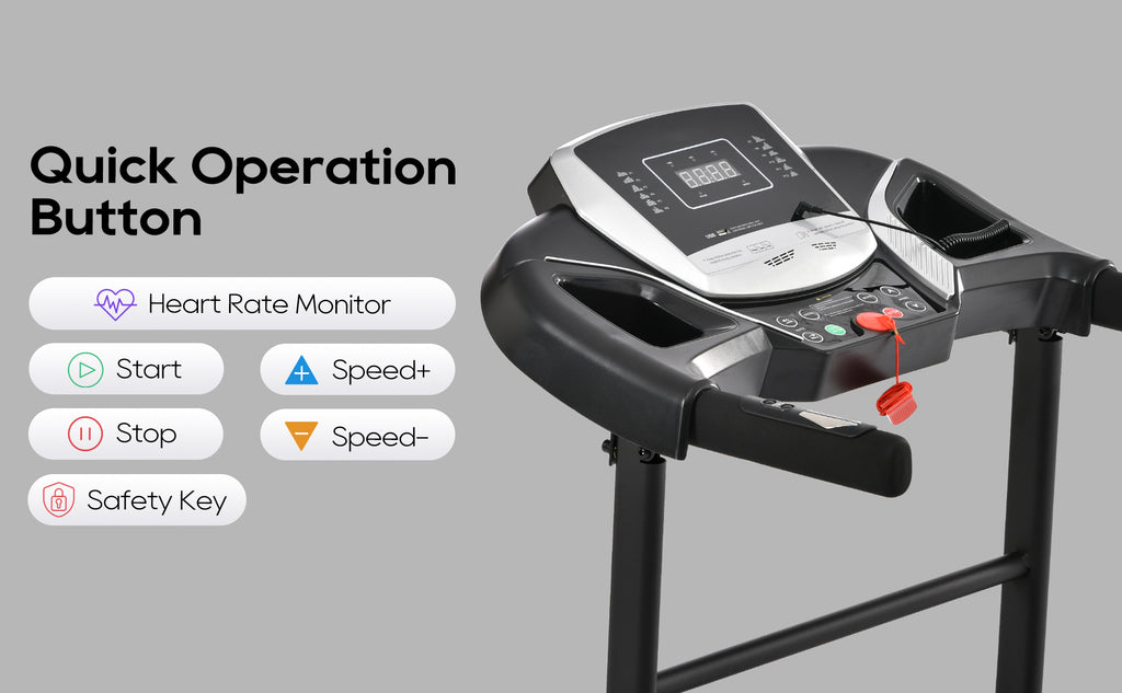 Anthony & Home Elite folding treadmill with incline, 2.5 HP brushless motor, heart rate sensors, brushed aluminum frame.