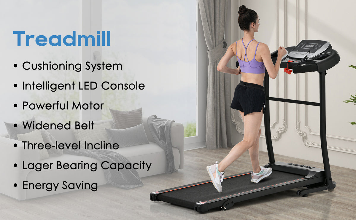 Anthony & Home Elite folding treadmill with incline, 2.5 HP brushless motor, heart rate sensor, brushed aluminum frame.