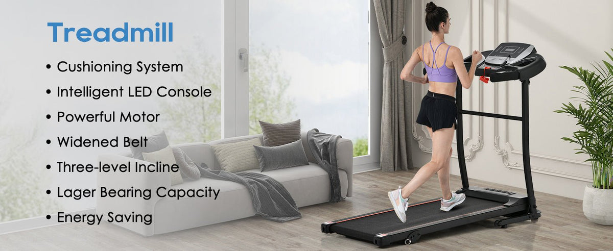 Anthony & Home Elite folding treadmill with incline, 2.5 HP brushless motor, heart rate sensor, brushed aluminum frame.