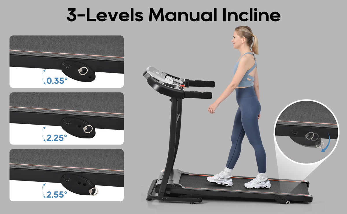 Anthony & Home Elite folding treadmill with incline, 2.5 HP brushless motor, heart rate sensor, brushed aluminum frame.