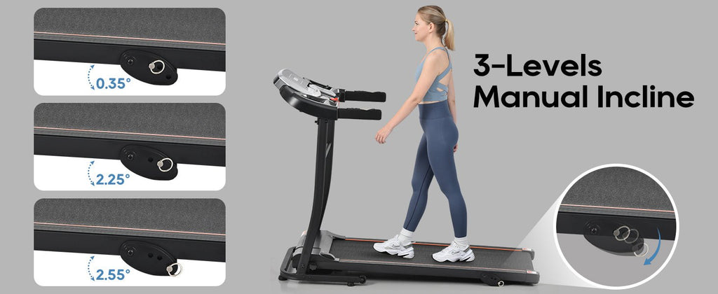Anthony & Home Elite folding treadmill with incline, 2.5 HP brushless motor, heart rate sensor, brushed aluminum frame in image.