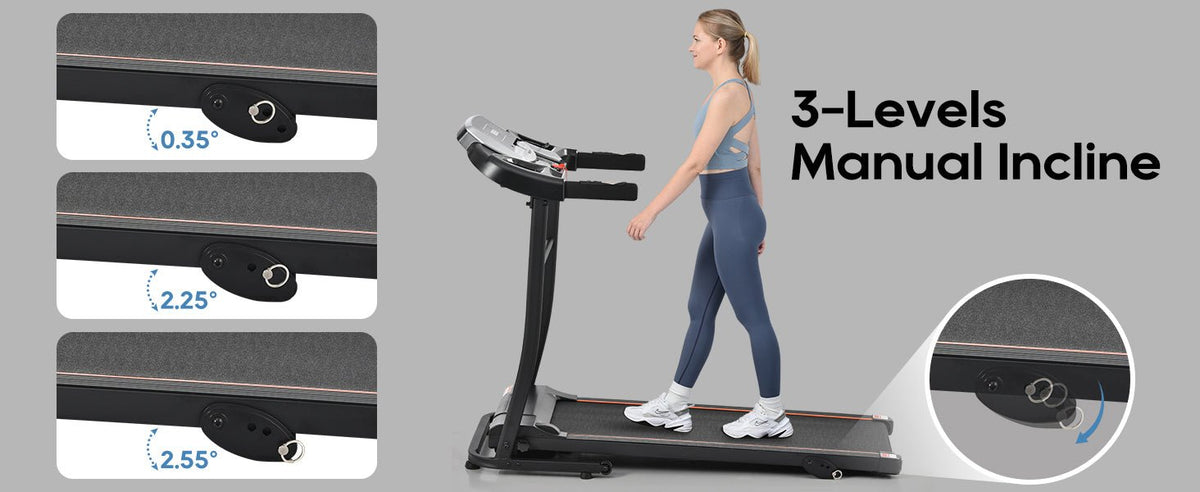 Anthony & Home Elite folding treadmill with incline, 2.5 HP brushless motor, heart rate sensor, brushed aluminum frame in image.
