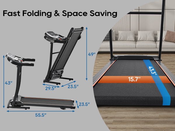 Anthony & Home Elite folding treadmill with incline, 2.5 HP brushless motor, heart rate sensor, brushed aluminum frame.
