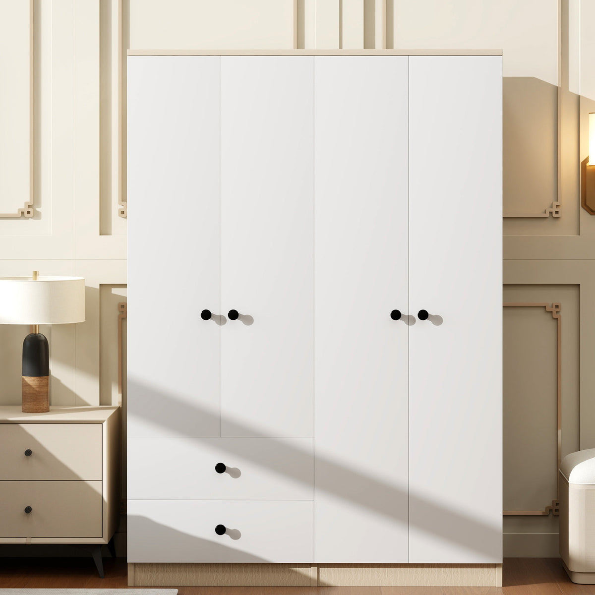 Anthony & Home Elite Pine Wardrobe with Drawers showing wooden doors, drawers, and sleek hardware for bedroom storage.