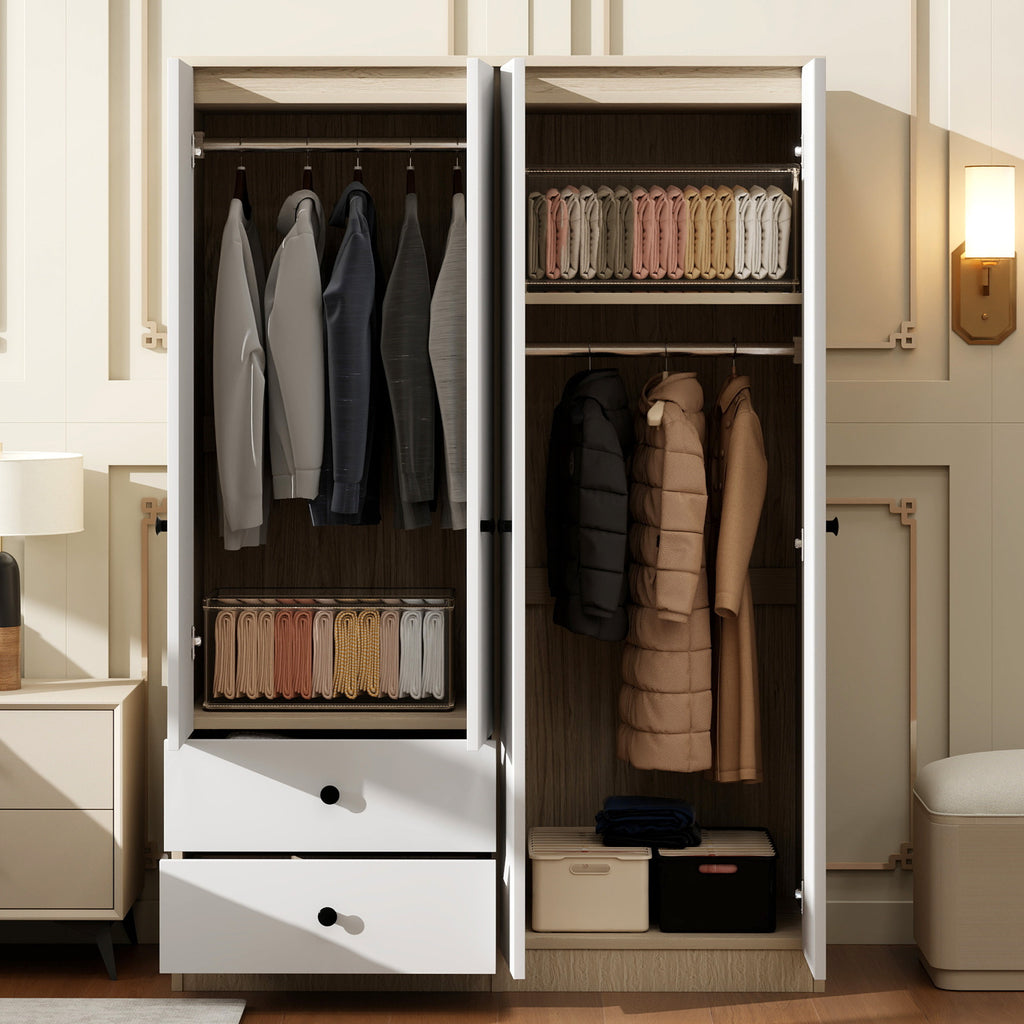 Anthony & Home Elite Pine Wardrobe with drawers, showcasing polished wooden surface and spacious storage compartments.