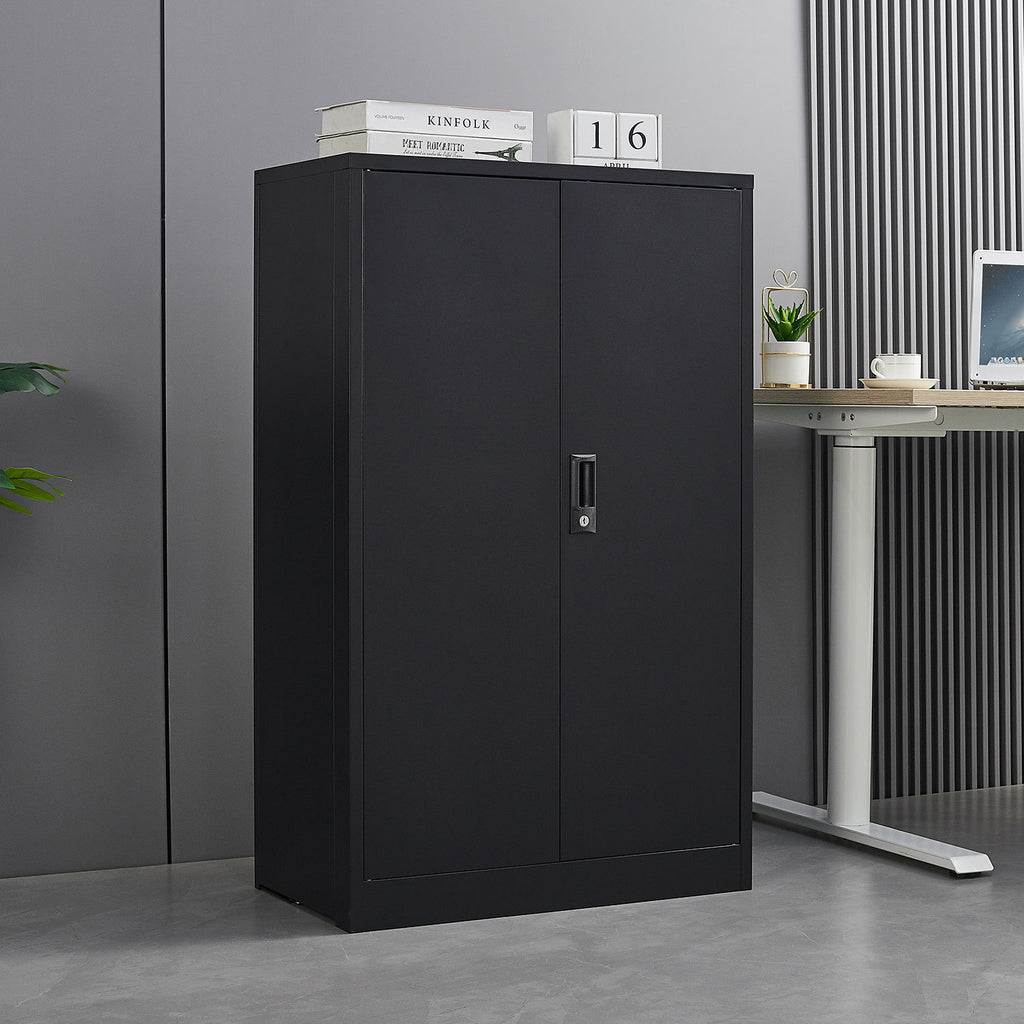 Anthony & Home Elite Series Filing Cabinet with multiple drawers, made of black metal, shown in a modern office setting.