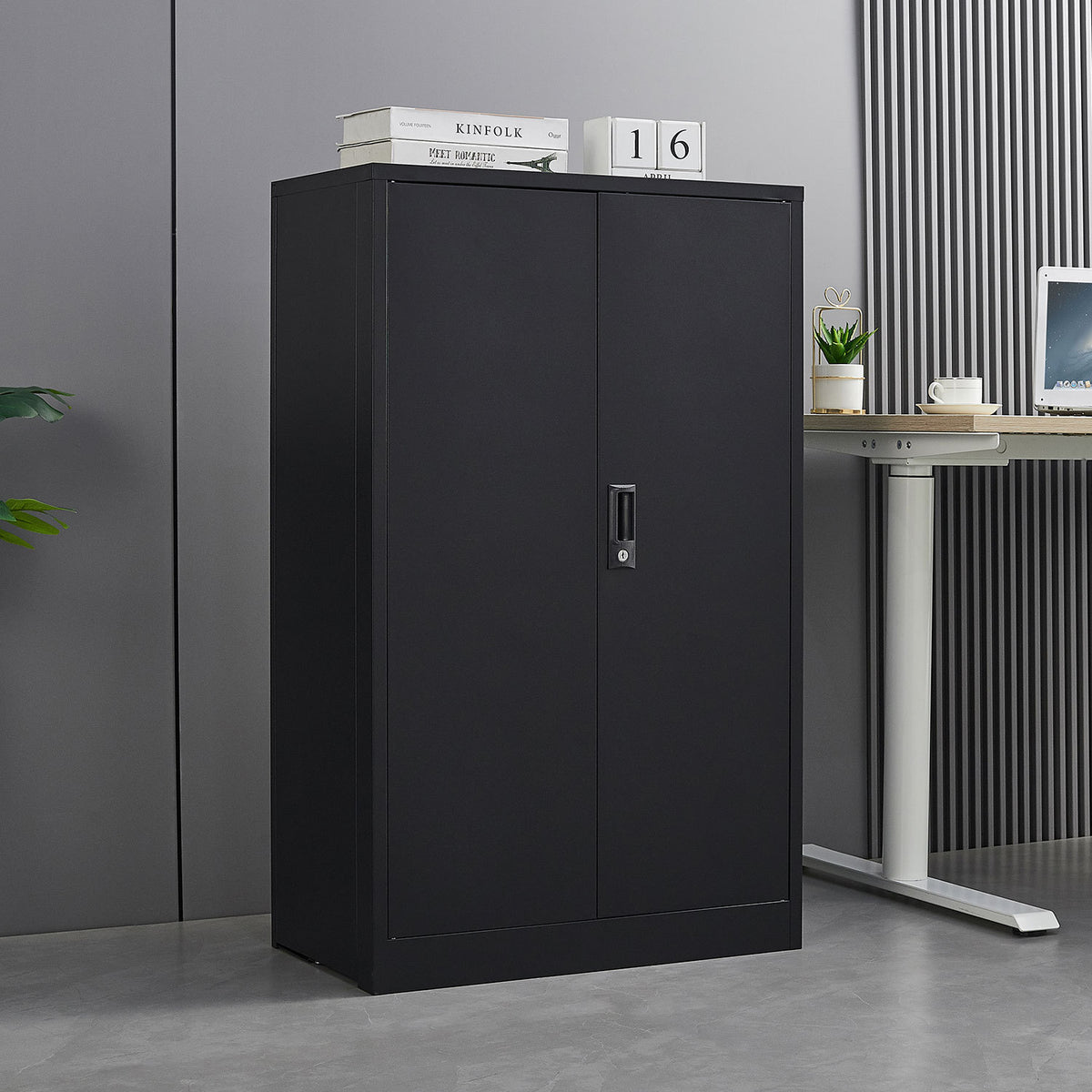 Anthony & Home Elite Series Filing Cabinet with multiple drawers, made of black metal, shown in a modern office setting.