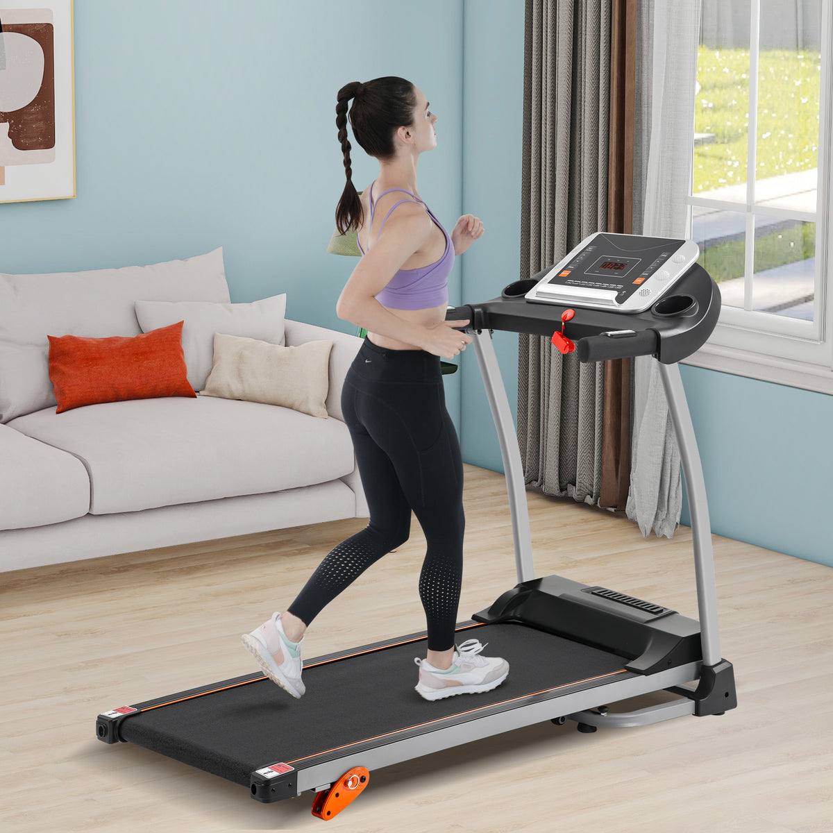 Black metal frame of Anthony & Home Elite Series foldable treadmill, showing its compact design and sturdy construction.