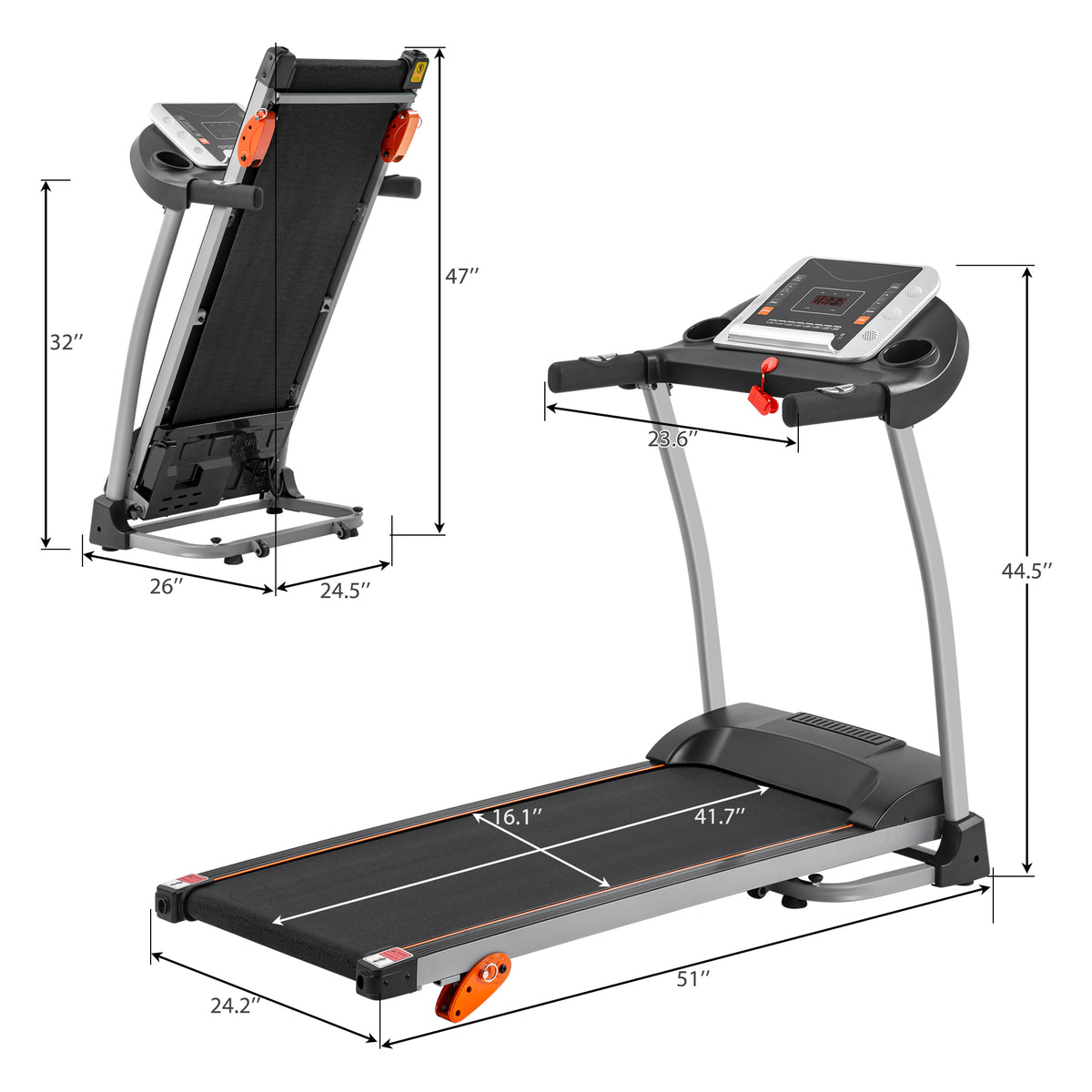 Black Elite Series foldable treadmill with sturdy metal frame by Anthony & Home, shown in a compact, space-saving design.