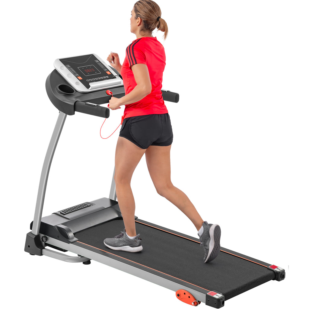 Black Elite Series foldable treadmill with metal frame by Anthony & Home, showing the running surface and folded design.