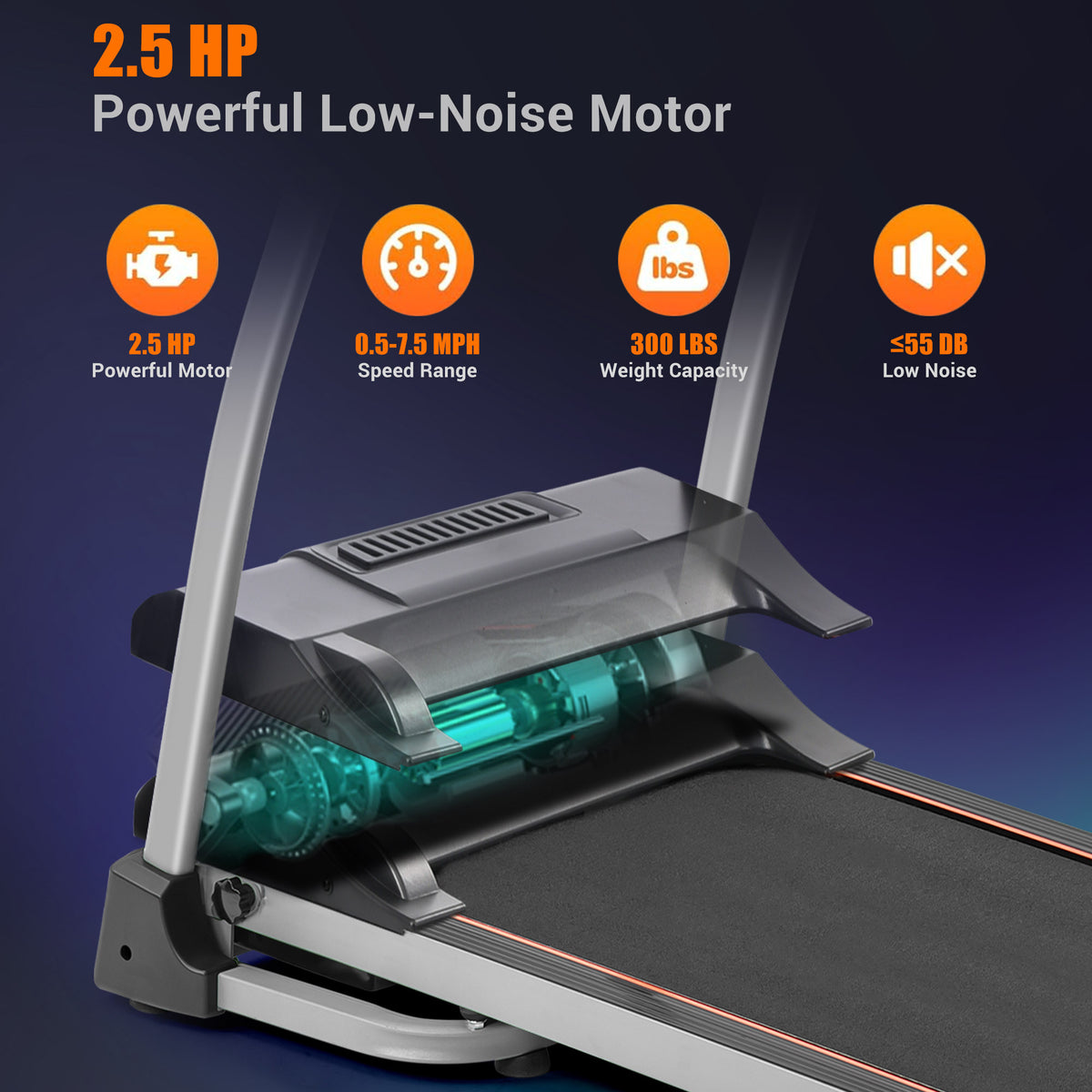 Black metal frame Elite Series foldable treadmill by Anthony & Home, with running surface and control panel visible.