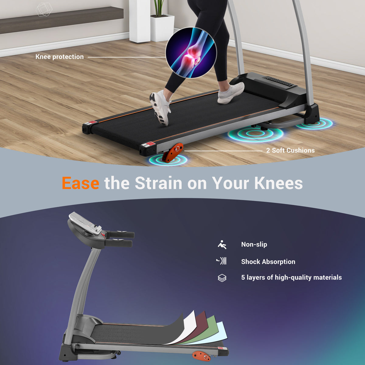 Black Elite Series foldable treadmill with metal frame, designed for compact home use by Anthony & Home.