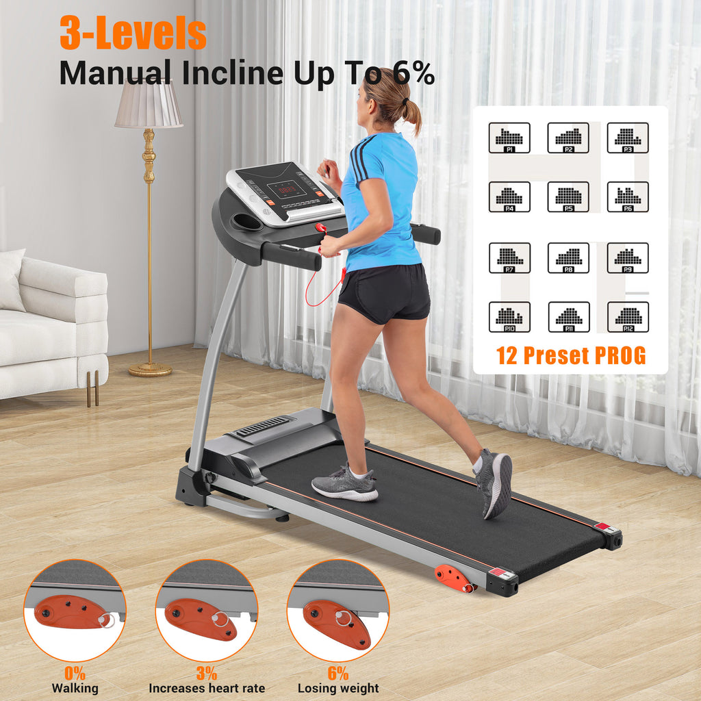 Black Elite Series foldable treadmill with metal frame by Anthony & Home, showing the running surface and compact design.