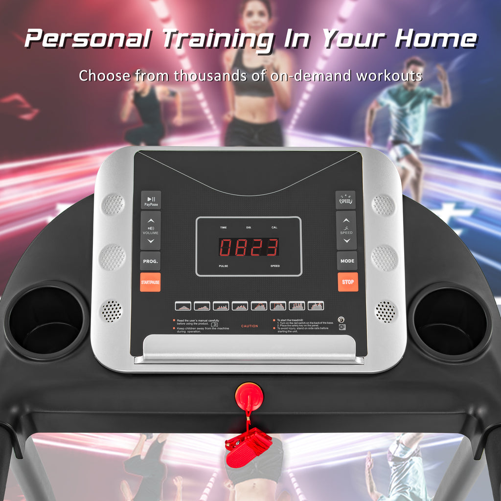 Black Elite Series foldable treadmill with sturdy metal frame by Anthony & Home, featuring a running belt and digital display.