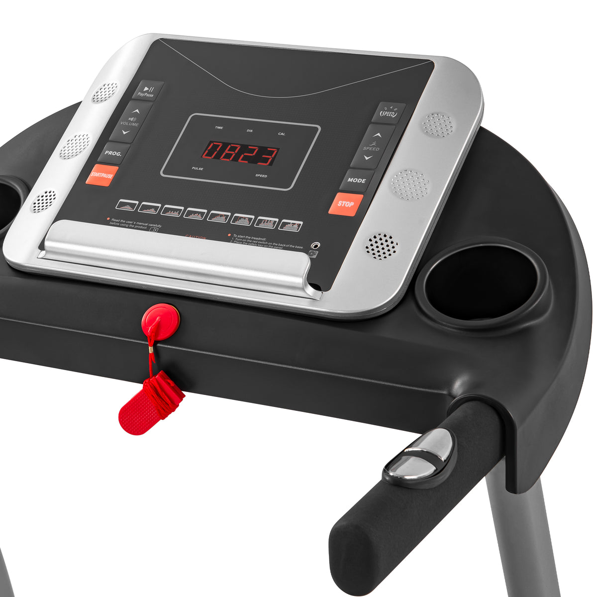 Black Elite Series foldable treadmill with sturdy metal frame from Anthony & Home, showing the running belt and control panel.