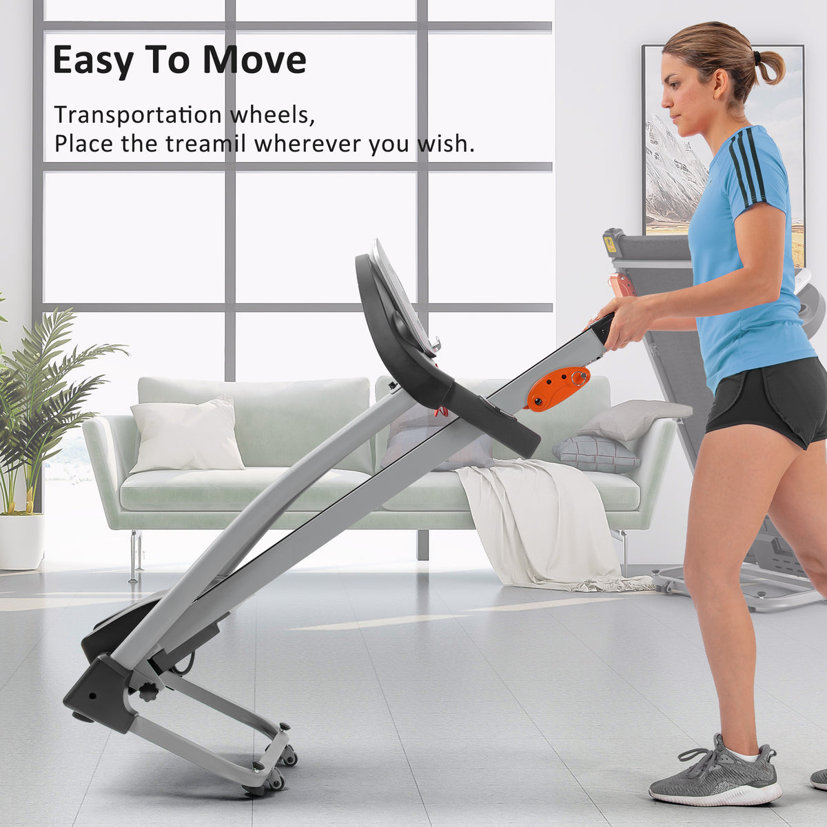 Black Elite Series foldable treadmill with metal frame by Anthony & Home, showing the running surface and control panel.