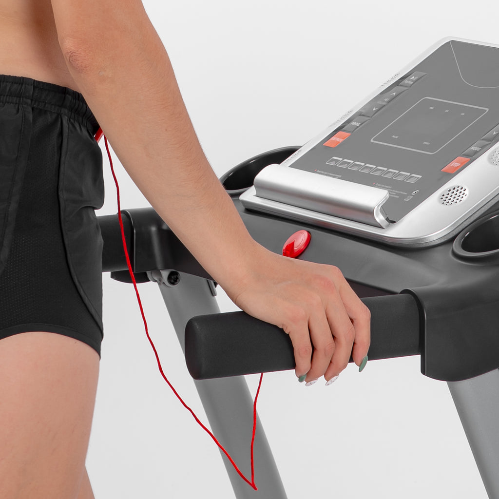 Black Elite Series foldable treadmill with sturdy metal frame by Anthony & Home, showing the compact, foldable design and running surface.