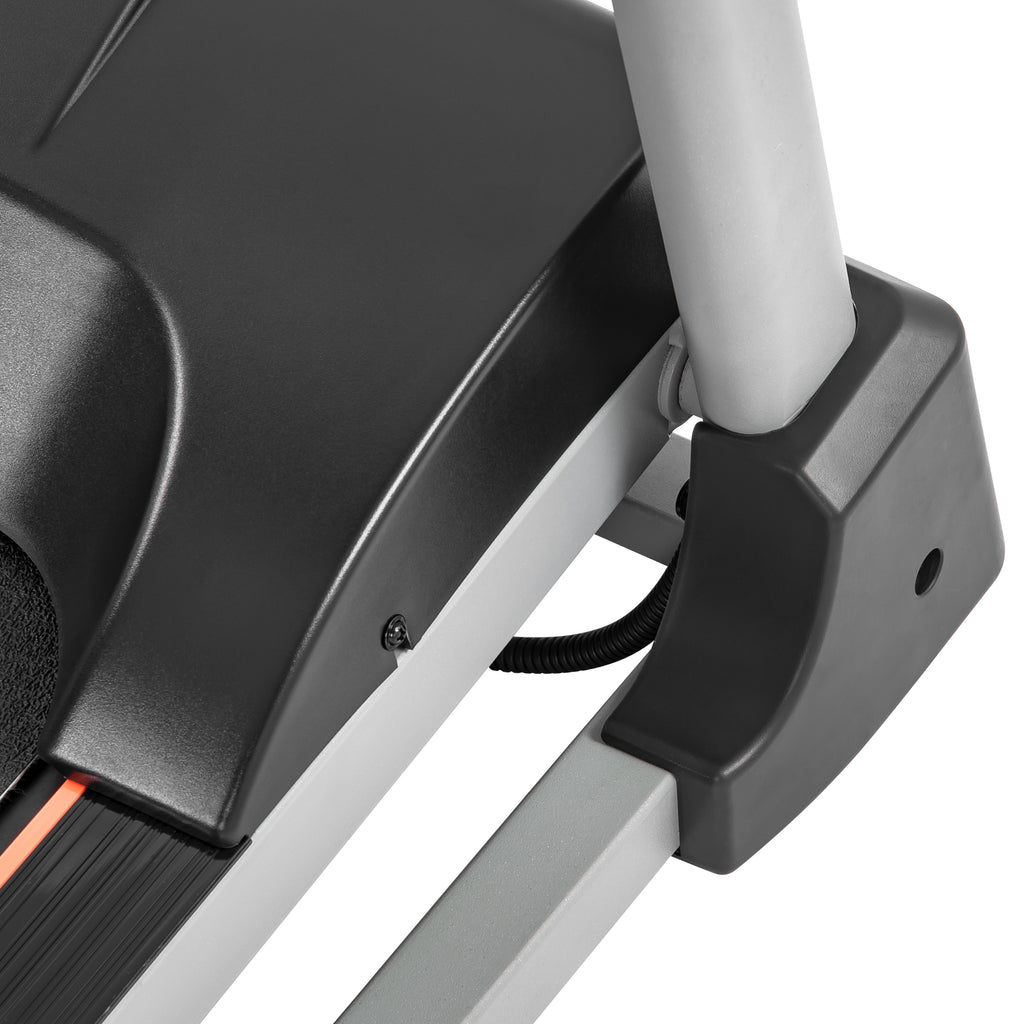 Black Elite Series foldable treadmill with metal frame from Anthony & Home, showing the compact, folded position.