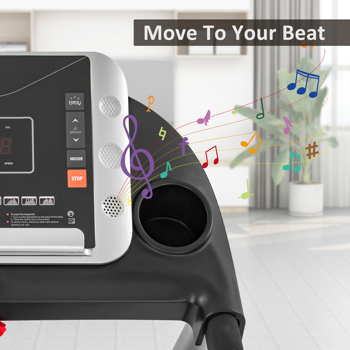 Black Elite Series foldable treadmill with metal frame from Anthony & Home, showing the sleek running surface and fold mechanism.