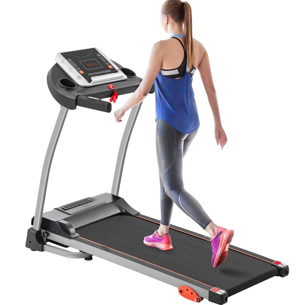 Black Elite Series foldable treadmill with metal frame from Anthony & Home, showing the running belt and control panel.