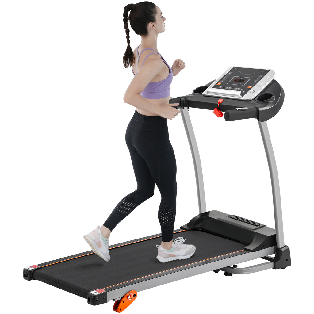 Black Elite Series foldable treadmill with sturdy metal frame by Anthony & Home, showing the running surface and control panel.