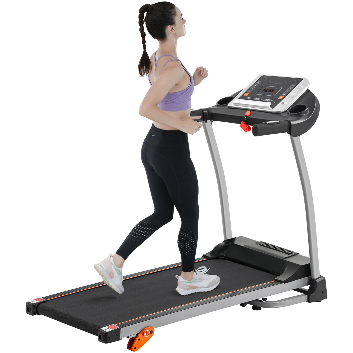 Black Elite Series foldable treadmill with sturdy metal frame by Anthony & Home, showing the running surface and control panel.