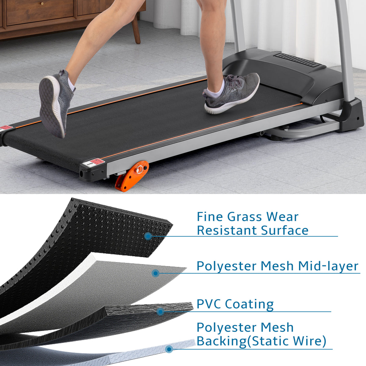 Black Elite Series foldable treadmill with a sturdy metal frame by Anthony & Home, suitable for home gym workouts.