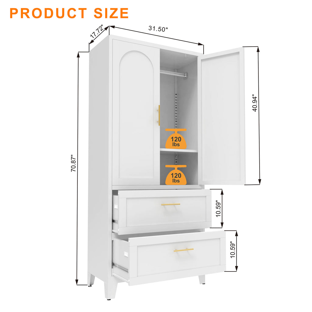 Anthony & Home Elite Steel Wardrobe Cabinet with drawers and hanging rod, featuring a sleek metal design and organized storage space.