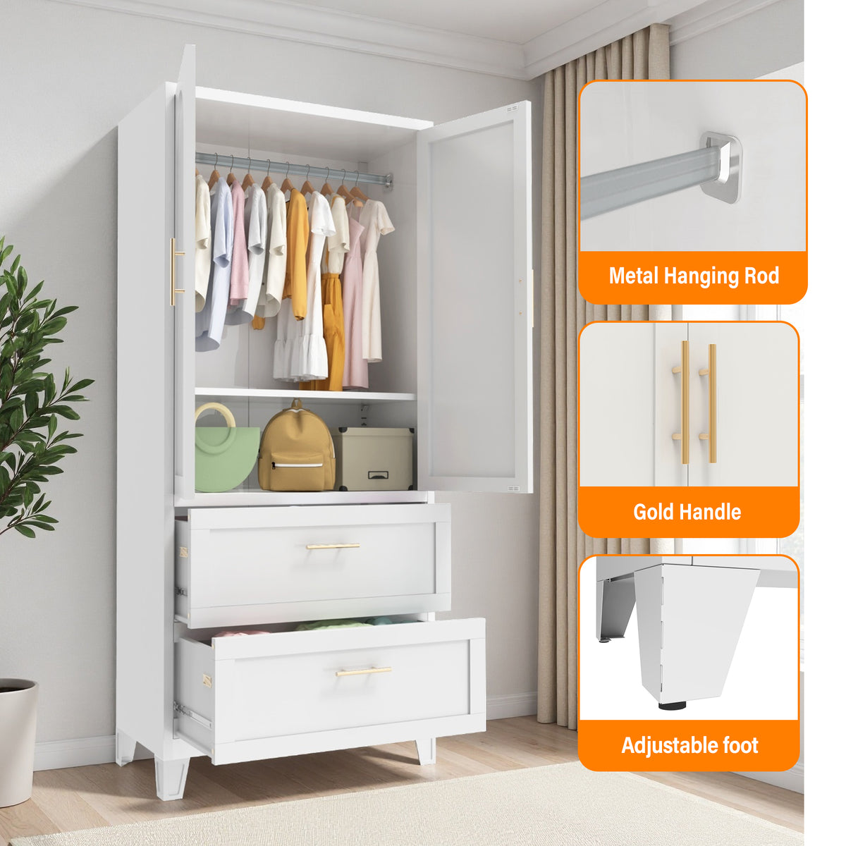 Anthony & Home Elite Steel Wardrobe Cabinet with drawers and hanging rod, showcasing a sturdy metal storage solution with organized compartments.