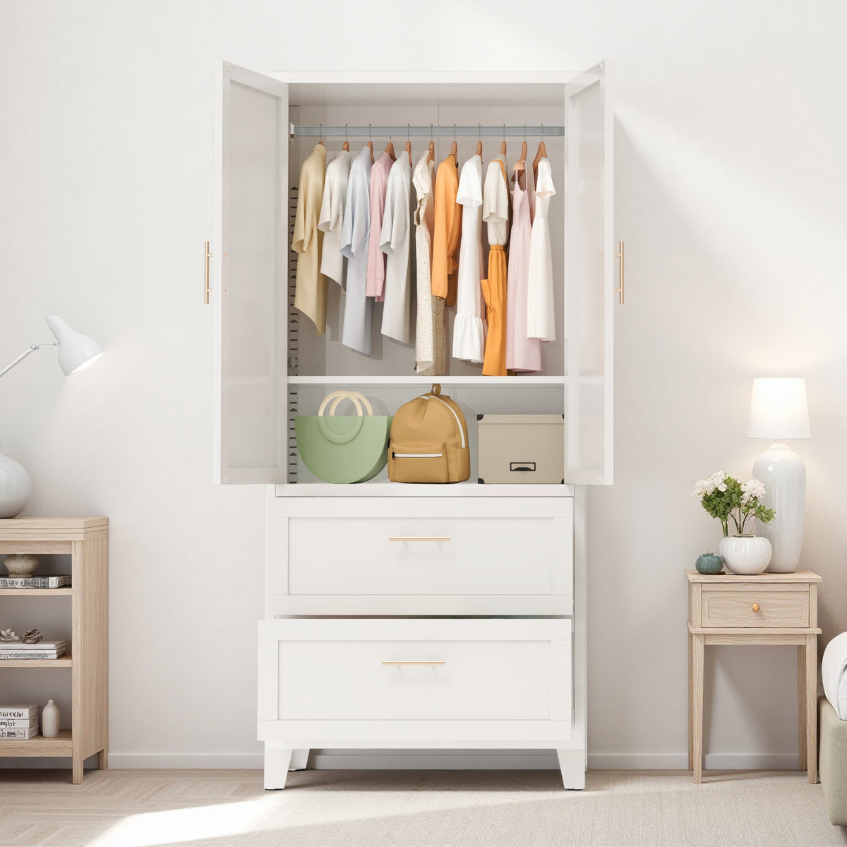Anthony & Home Elite Steel Wardrobe Cabinet with drawers and hanging rod, featuring a modern metal storage solution.