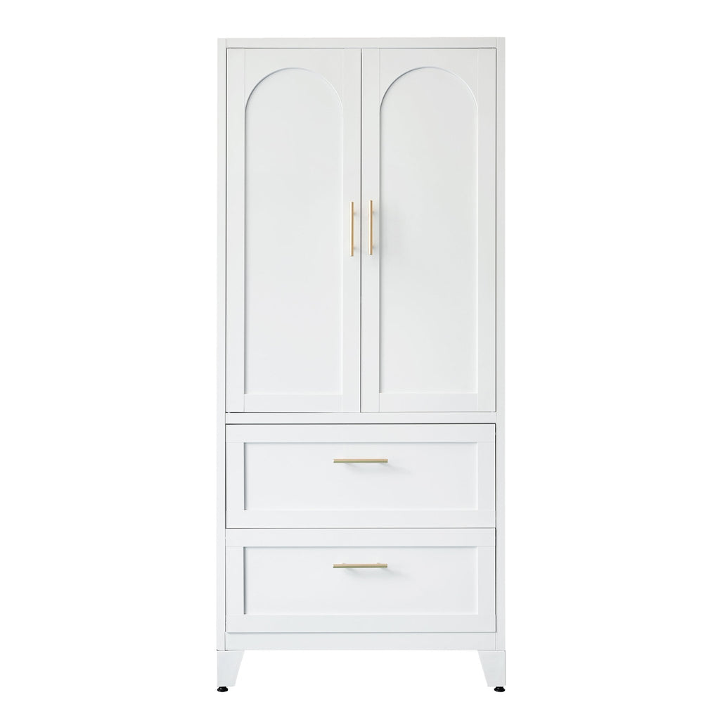 Anthony & Home Elite Steel Wardrobe Cabinet with drawers and hanging rod, sturdy storage solution for bedrooms or closets.