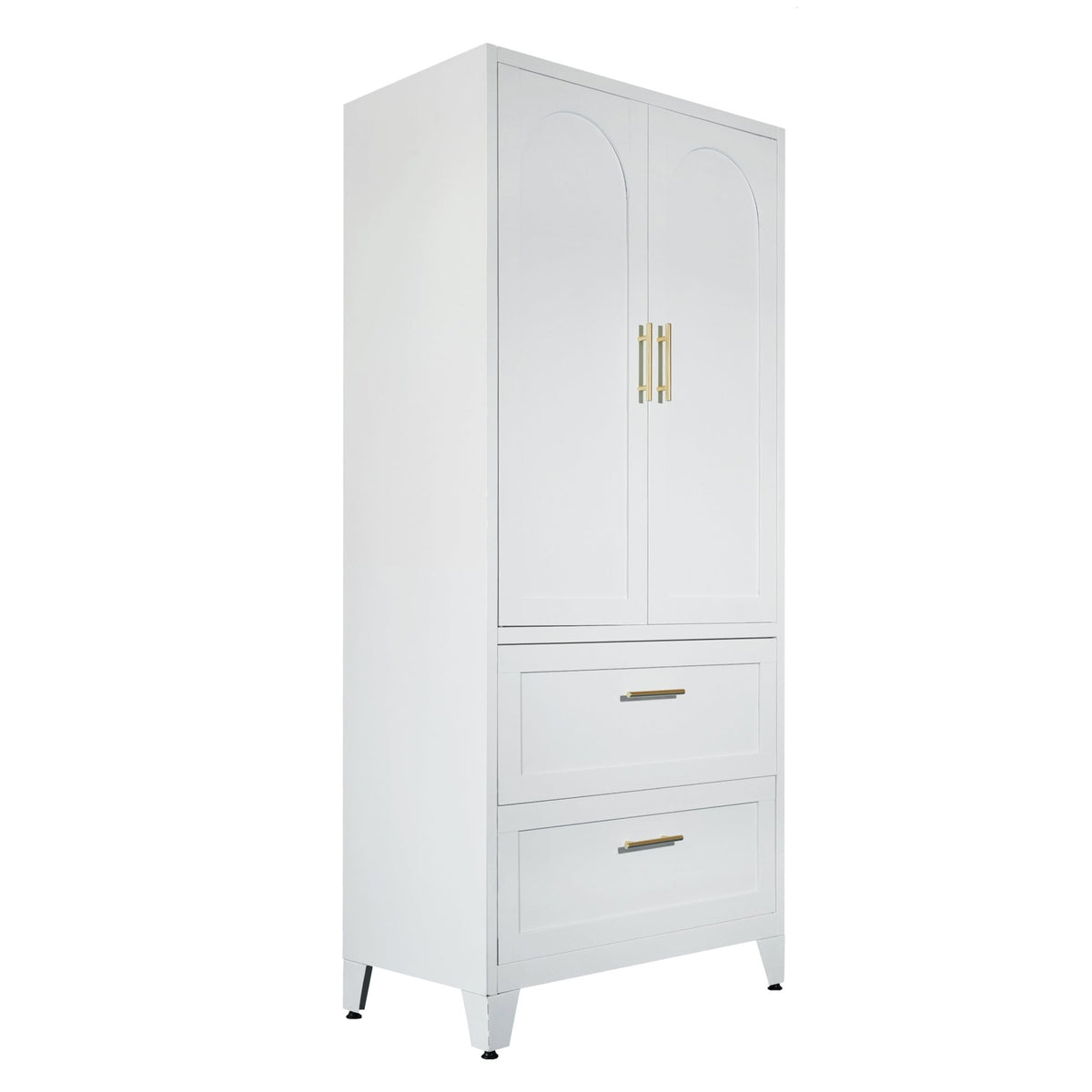 Anthony & Home Elite Steel Wardrobe Cabinet with drawers and hanging rod, featuring a sleek metal finish and organized storage compartments.