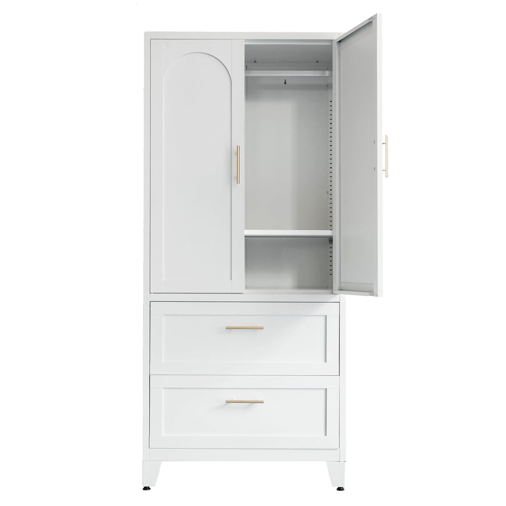 Anthony & Home Elite Steel Wardrobe Cabinet with drawers and hanging rod, sturdy metal storage solution for bedroom or closet.