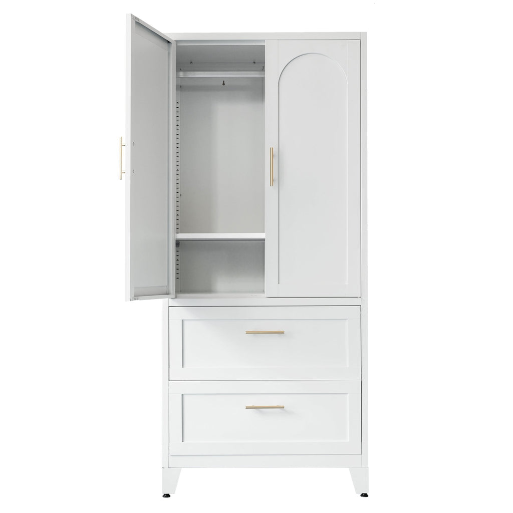 Anthony & Home Elite Steel Wardrobe Cabinet with drawers and hanging rod, showing a sleek metal storage unit with doors and interior shelving.