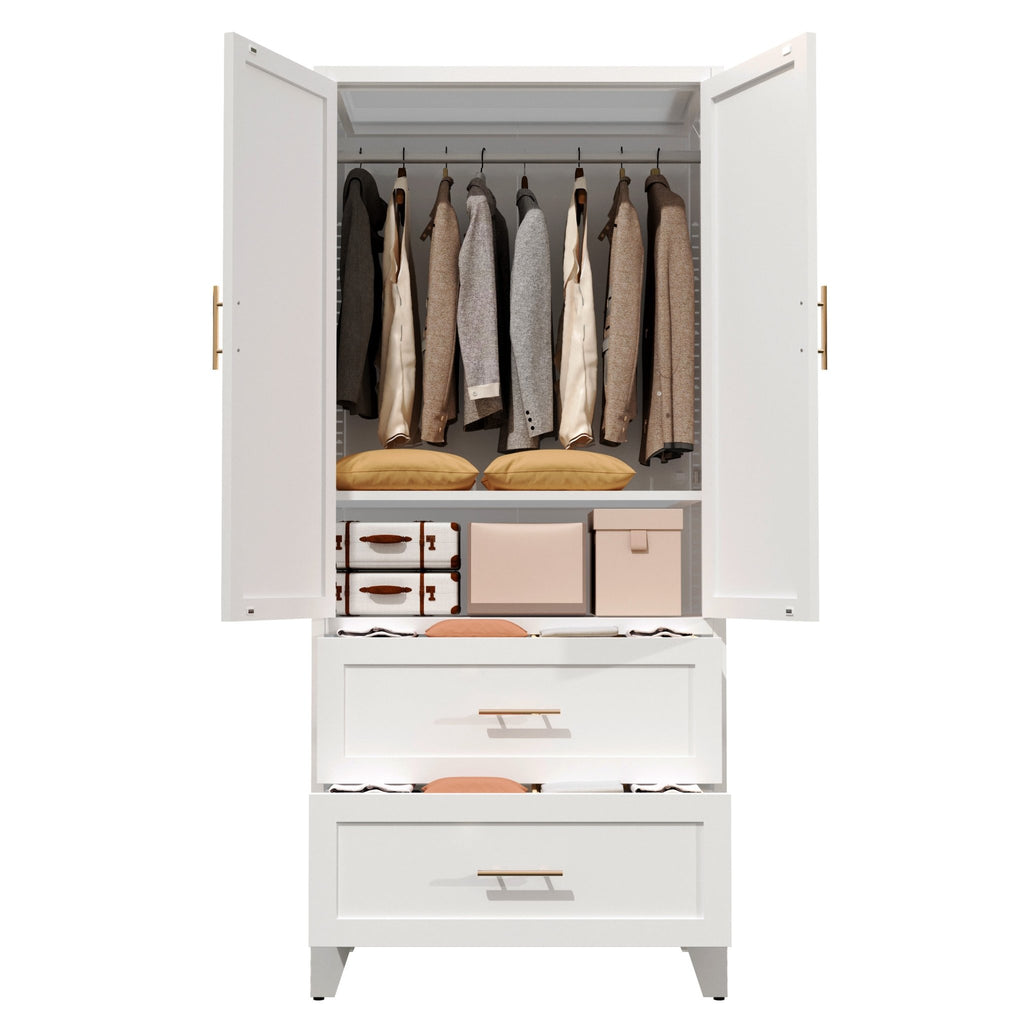 Anthony & Home Elite Steel Wardrobe Cabinet with drawers and hanging rod, sturdy storage solution for bedroom organization.
