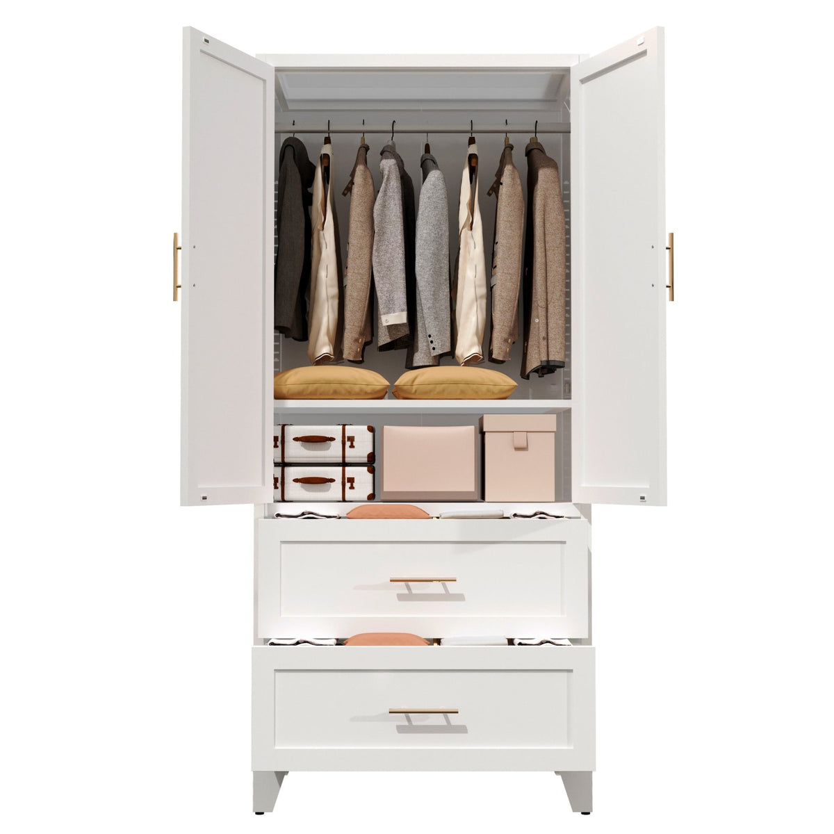 Anthony & Home Elite Steel Wardrobe Cabinet with drawers and hanging rod, sturdy storage solution for bedroom organization.