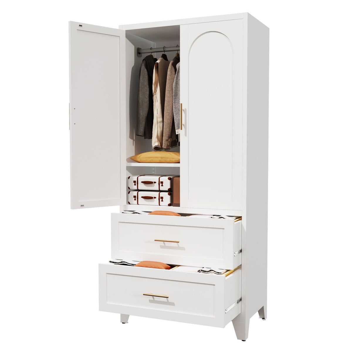 Anthony & Home Elite Steel Wardrobe Cabinet with drawers and hanging rod, sturdy metal storage solution for bedroom organization.
