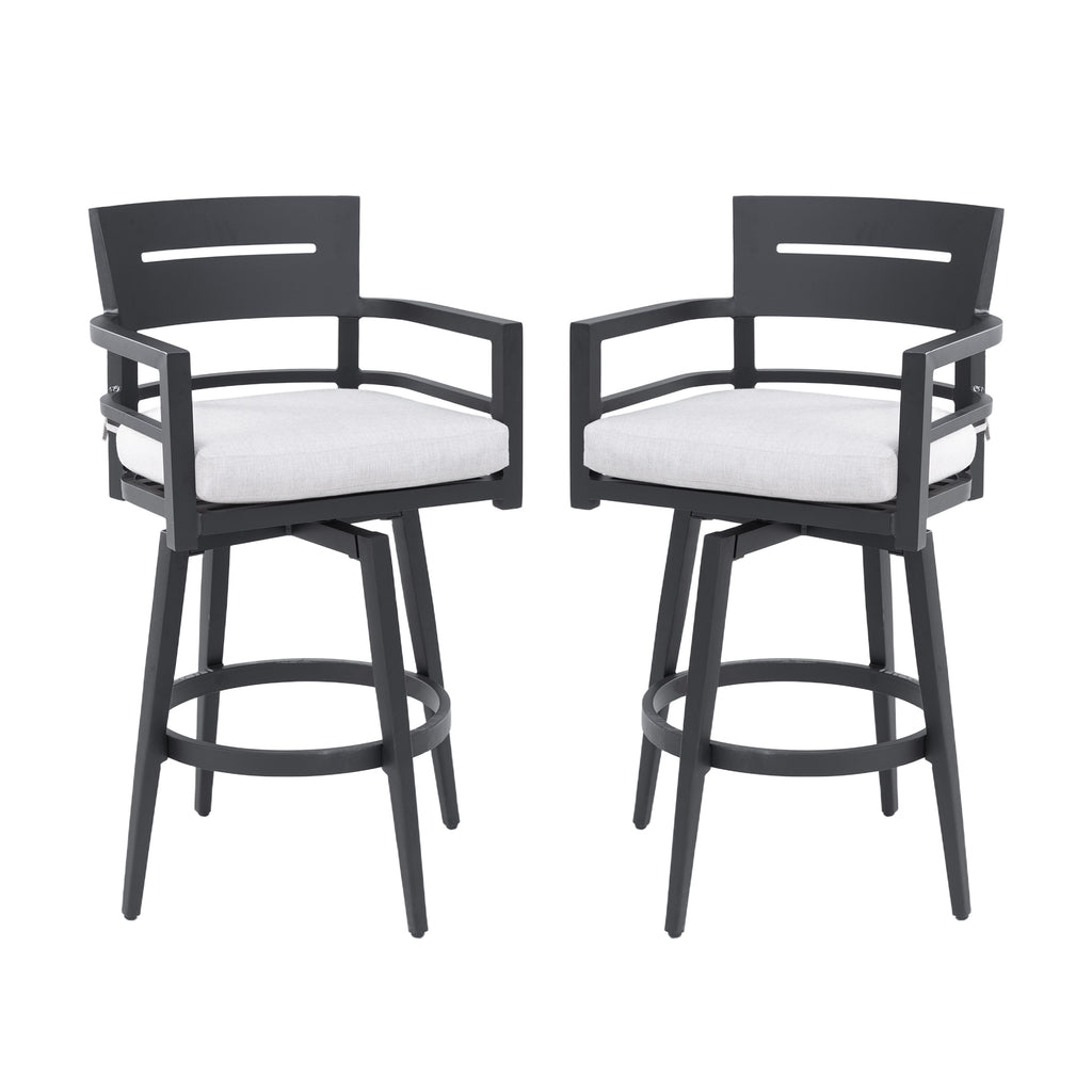 Anthony & Home Ember black aluminum swivel bar chairs with Sunbrella cushions, featuring modern design and comfortable seating.